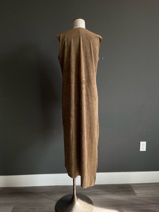 BCBG Draped Asymmetrical Dress Brown Suede Feel Minimalist Midi Modern Capsule - Picture 4 of 6